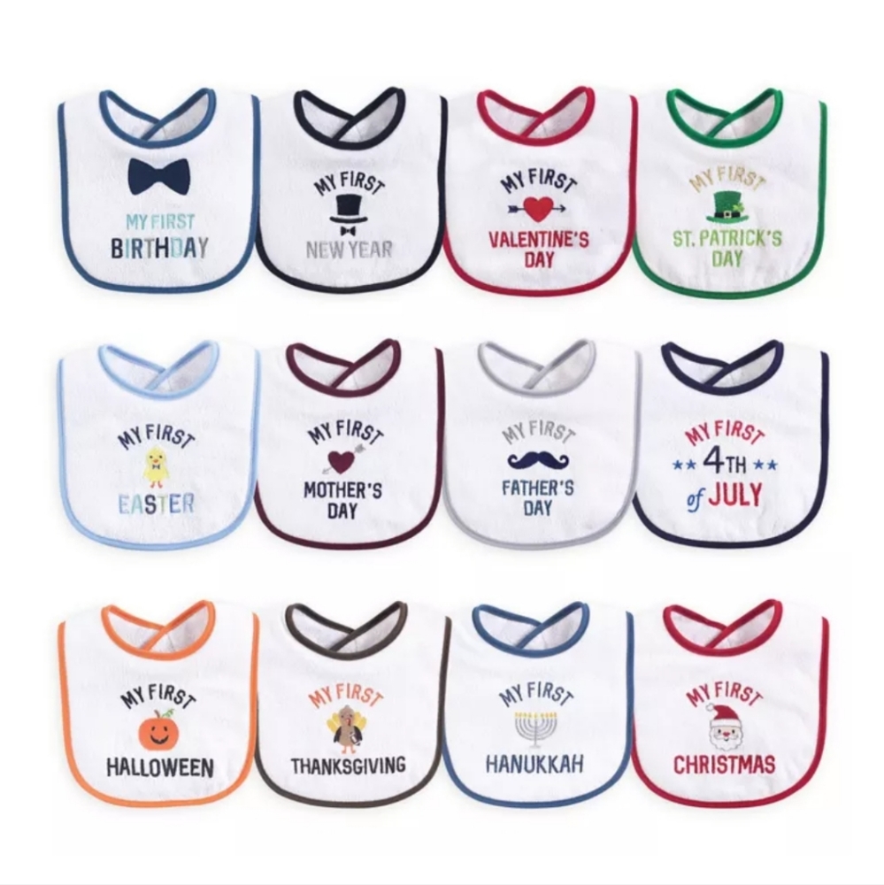 Set of 12 "First" bibs.